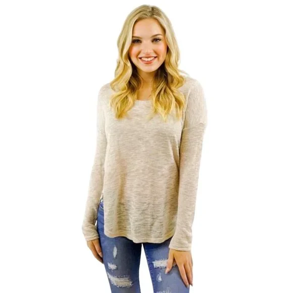 Lush Beige Long Sleeve Lightweight V-Back Knit Sweater Top - Picture 1 of 12